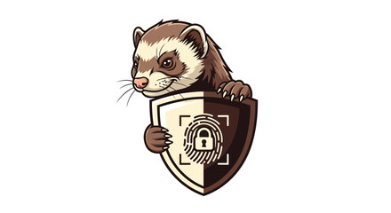 A clever cartoon ferret mascot symbolizing digital protection, holding a security shield with a biometric fingerprint lock icon