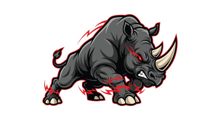 Fierce Charging Rhino with Red Electric Energy Emanating from Horns and Eyes, Symbolizing Power and Aggression