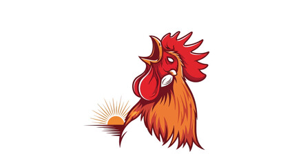 Illustration of a rooster crowing at sunrise, a vector logo representing the morning, farm life, and a new day