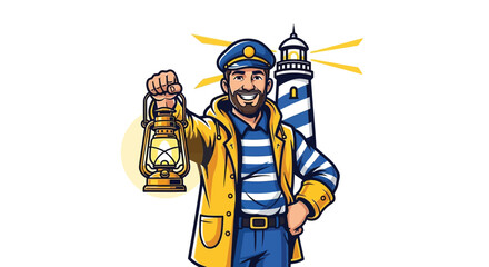 Smiling Sailor Holding Lantern with Lighthouse Background Nautical Illustration