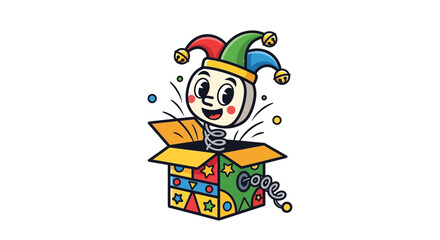 Playful jester character springs from a colorful surprise box, bringing joy and childhood fun with its vibrant design, a whimsical toy illustration