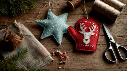 Handmade felt Christmas ornaments shaped like stars mittens and reindeer surrounded by yarn spools and crafting tools on rustic wooden table