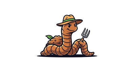 Whimsical cartoon worm character in a farmer's hat, holding a pitchfork, representing organic gardening, soil health, and sustainable agriculture concepts in a cheerful, friendly illustration
