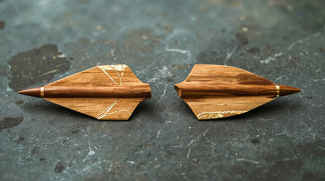 Two intricately carved wooden arrowheads with gold accents are displayed side-by-side on a textured, dark surface. One arrowhead is complete, the other is broken.