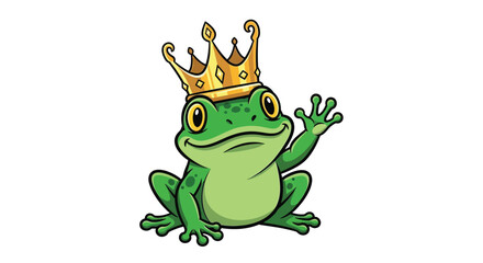 Cartoon Frog King Wearing Crown Waving Hand, Green Amphibian Royalty Animal, Isolated Illustration