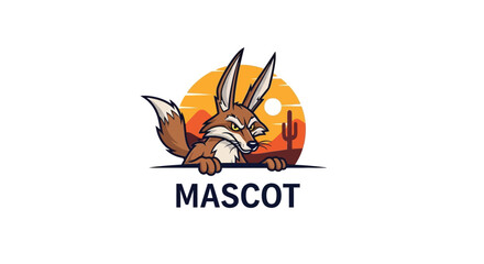 Coyote Mascot Logo Illustration with Desert Sunset Background