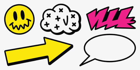 Illustration of a smiley face, cloud, lightning bolt, arrow and speech bubble on a white background