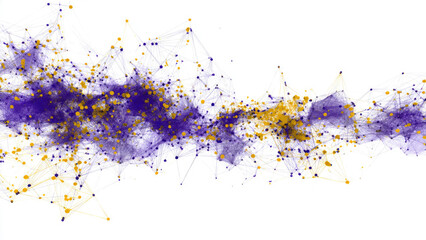 An abstract digital network visualization featuring interconnected purple and yellow nodes and lines on a white background, representing complex data structures.