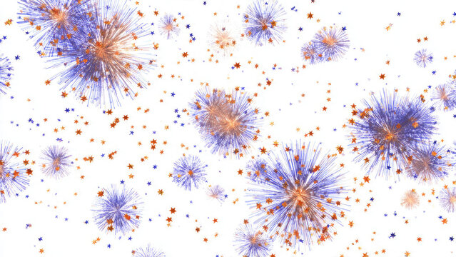 Festive burst of blue and orange fireworks with scattered stars on a white background, creating a vibrant, celebratory abstract pattern.