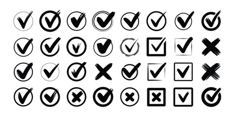A collection of various check mark and x mark symbols in black ink on a white background arrayed in rows