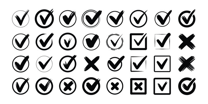 A collection of various check mark and x mark symbols in black ink on a white background arrayed in rows