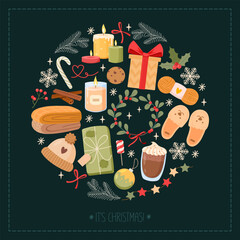 Vector illustration of Christmas holiday symbols includes burning candles, wrapped gifts, floral wreath, fluffy slippers, berries, candy cane, cookie, Cinnamon sticks, warm blanket, knitted hat, etc.