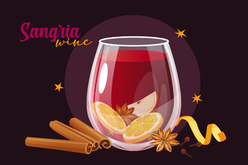 Vector illustration of a glass of red sangria wine filled with fruits, cinnamon sticks, star anise, citrus zest, and cloves on a dark purple background, perfect for cocktail menus, festive designs