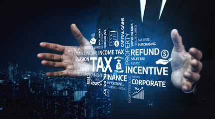 A businessman visualizes various tax concepts in a dynamic scene, highlighting terms like refund, income tax, and finance against a city backdrop at night. Tessel