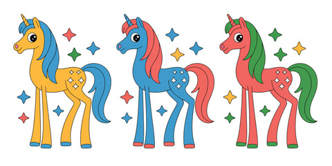 Three colorful cartoon unicorns with stars in yellow blue and red on a white background design art