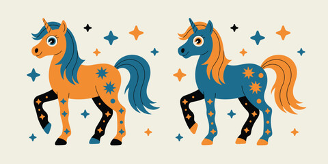Two stylized unicorns with stars on a cream background in blue and orange color scheme illustration