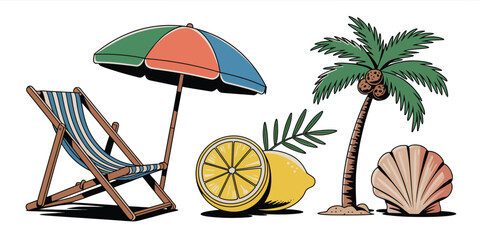 A cartoon illustration of a beach scene with a chair umbrella palm tree lemons and a seashell isolated