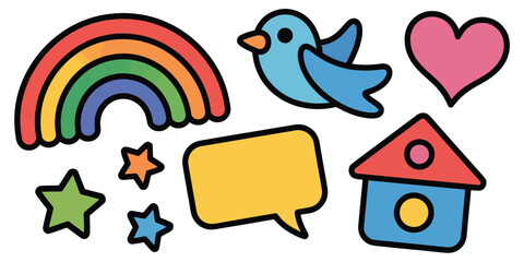 A cartoon image with a rainbow, bird, heart, house, stars, and a speech bubble on a white background