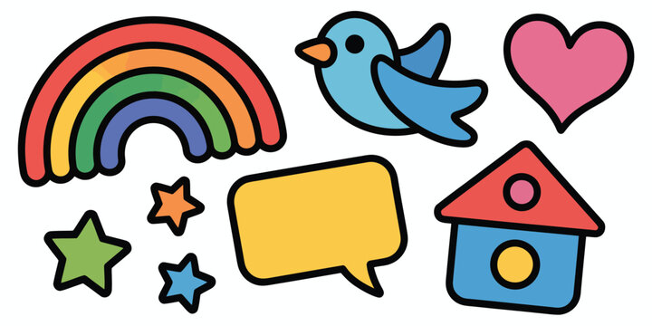 A cartoon image with a rainbow, bird, heart, house, stars, and a speech bubble on a white background