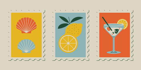 Three postage stamps with a seashell lemon and cocktail illustration in a minimalist style design