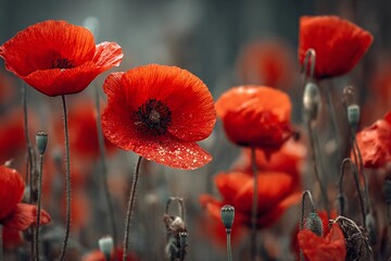 Obraz premium Vibrant red poppy flowers bloom in a serene meadow during early morning light