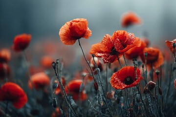 Obraz premium Bright red poppies blooming in a misty field during early morning light