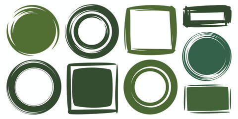 A collection of green brush stroke shapes including circles squares and rectangles on a white background