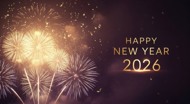 Happy New Year 2026 festive banner with gold and purple fireworks