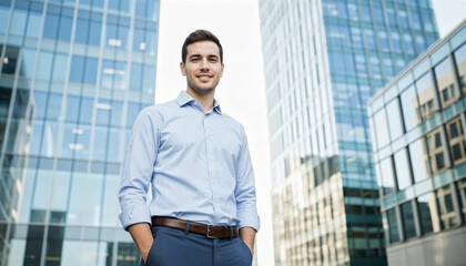 A confident businessman stands in the heart of the city, framed by towering skyscrapers, embodying the essence of ambition and professional success.
