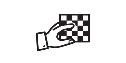 Chessboard in hand line icon, chess game concept. Vector graphics. Gaming sign on white background, style icon mobile or web design.
