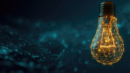 A glowing light bulb with a digital network pattern, symbolizing innovation, technology, and interconnected ideas against a dark, futuristic background.