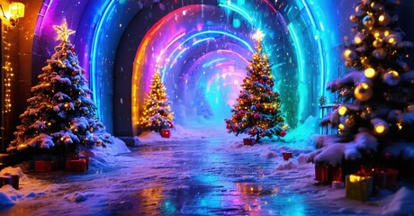 Fototapeta premium Winter scene depicts colorful tunnel decorated with Christmas trees, gifts, snow. Bright lights create magical atmosphere.