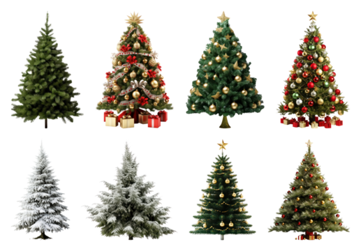 PNG Festive decorated Christmas trees variety, element set on transparent background - Powered by Adobe