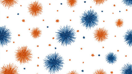 Vibrant orange and blue spiky bursts and scattered stars create a whimsical, festive pattern on a white background, like fireworks.