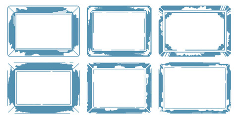 A collection of six blue rectangular frames with distressed edges on a white background in a grid layout