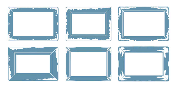 Six light blue rectangular frames with distressed edges arranged in a grid pattern on white background