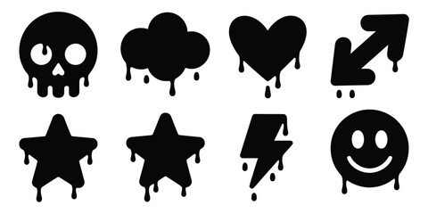 Black dripping icons including a skull heart cloud star lightning bolt arrow and smiley face on white
