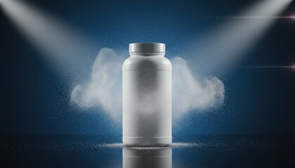 Supplement bottle in dramatic spotlight and cloud of powder, dark background. Perfect for health, sports, power, energy, motivation, branding, clean, striking, studio
