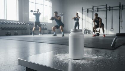 White supplement bottle and powder mess on table, group fitness class at bright gym. Modern health, wellness, active lifestyle, group strength, community, clean supplement, exercise,