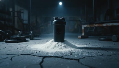 Black shaker on mound of protein powder in gritty, industrial gym. Suited for supplement, sports nutrition, powerful, bodybuilding, gym, modern, active, motivation