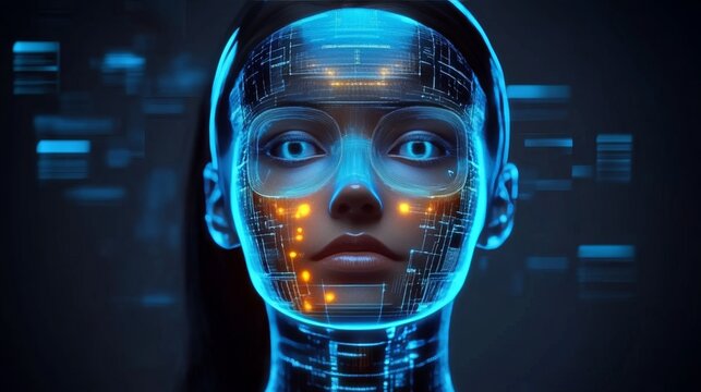 Cyborg Woman s Face with futuristic Technology Hologram. Artificial Intelligence Illustration.