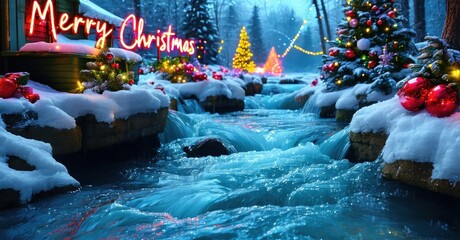 Winter scene depicts snowy banks, flowing water, festive trees. Bright Merry Christmas message adds holiday spirit. Peaceful, serene landscape.
