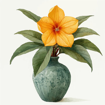 A Carolina Jessamine In A Vase, watercolor painting vector, isolated on a white background.