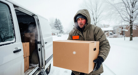 Courier lifting heavy grocery box with effort in snowy environment, winter delivery and logistics challenge