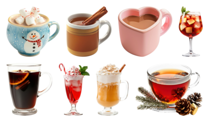 PNG Assorted festive holiday beverages, element set on transparent background