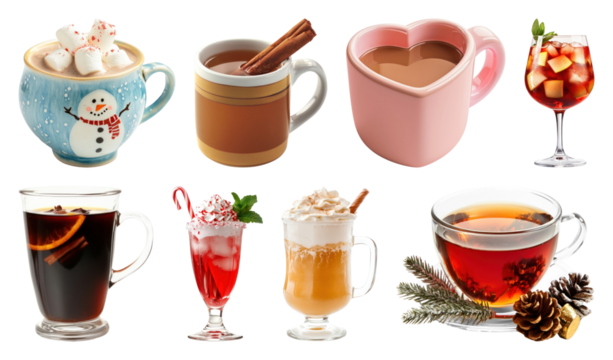 PNG Assorted festive holiday beverages, element set on transparent background - Powered by Adobe