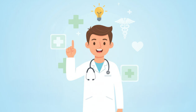 Doctor, medicine, healthcare concept. Young smiling man doctor therapist in white uniform cartoon character standing and showing having idea with finger. Medicare, therapist, pharmacist illustration