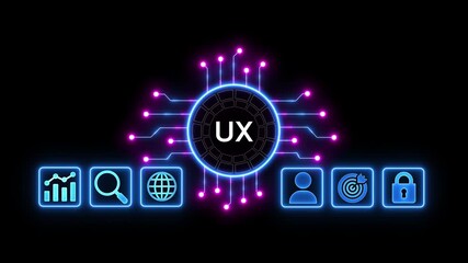 Futuristic U X user experience interface design concept digital technology network connection data flow circuit board glowing neon lights abstract background user profile target goal security - Powered by Adobe