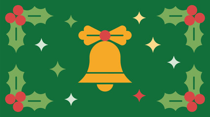 A christmas themed background with a golden bell holly and stars on a green colored background design