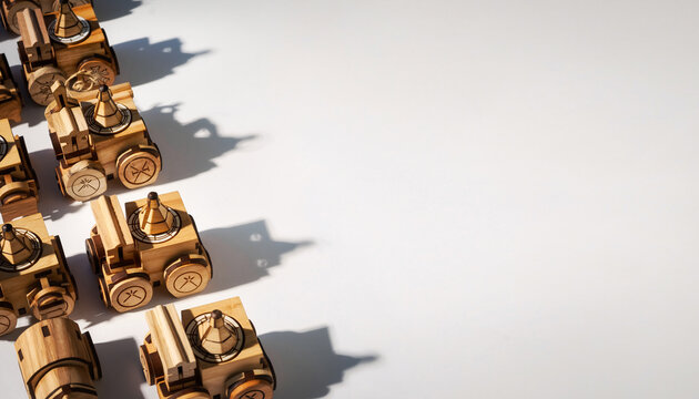 Nostalgic wooden toy trains lined up creating a playful childhood memory, perfect for educational resources or vintage toy collections and design elements